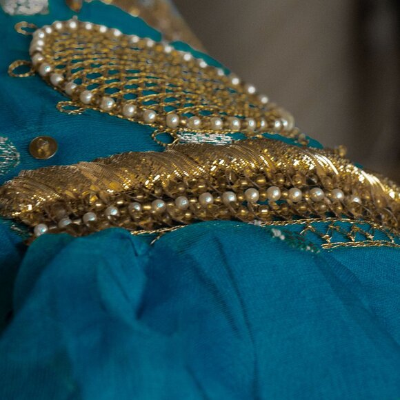 Vintage 80s Silk Beaded Jacket Boho Hippie Blue Highly Embellished Evening Coat - Picture 10 of 16